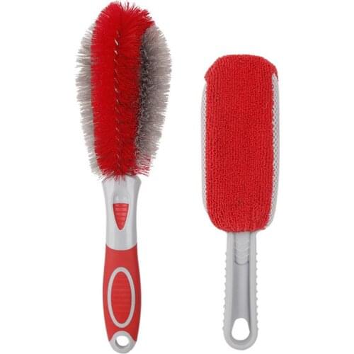 2pcs/set Car Wheel Cleaning Tire Brush&Microfiber Sponge Brush with Non-Slip Handle Non Scratch Motorbike Rim Care Washing Tool