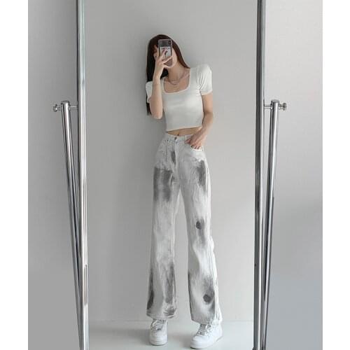 Streetwear Jeans Woman Fashion Tie Dyeing And Ink Splashing Denim Pants Women Loose Straight Pants Versatile Casual Pants