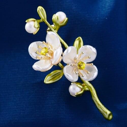 OKILY Elegant Temperament Cherry Blossoms Plant Broochpin Women Jewelry Accessories Classical Enamel Flower Branch Corsage Pins