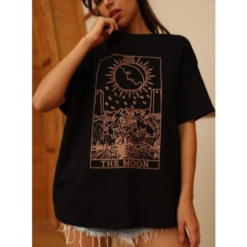 The Moon Tarot Card Woman T Shirts Goth Harajuku Short Sleeve Cotton Graphic Tee Grunge Tumblr Unisex Gothic T Shirt Tops Clothe