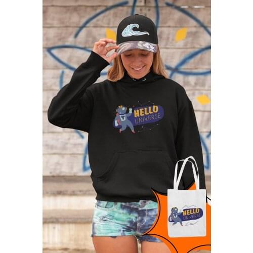 Angemiel Wear Hello Universe Black Women Hooded Sweatshirt Bags Kombin