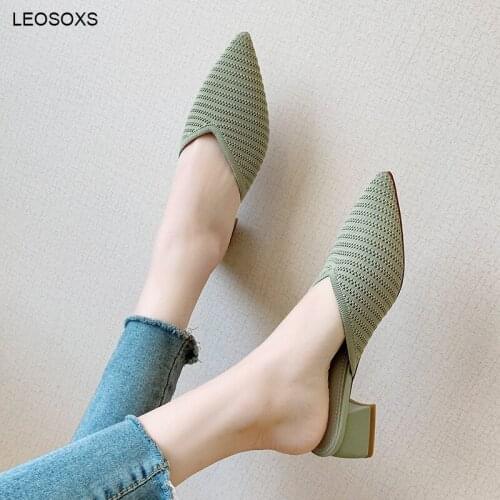 Womens Summer Slippers Hollow V-type Baotou Flying Weave Sandals Middle Heel 3-5CM Pointed Half Slipper Female