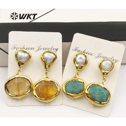 WT-E481 Wholesale small natural stone earrings round gold decoration with pearls embellished multi-color optional female earring