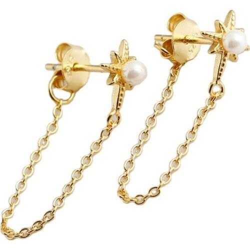 925 Silver Earring Fashion Zircon Star Moon Chain Tassel Long Ear Line Cross Double Ear Hole Connection Women Girl Ear Jewelry