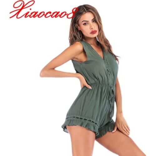 Plus Size V Neck Sexy Summer Overalls For Women Solid Lace Up Sleeveless Jumpsuits Fashion Cotton Short Pants Ropa Mujer