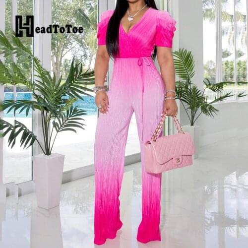 Gradient Lace Up Pleated Casual Elegant Romper Woman Full Sleeve Lantern Sleeve V Neck Slim Jumpsuit Women