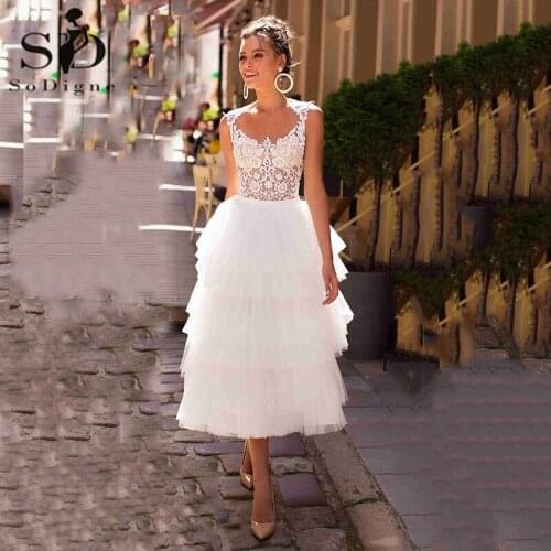 SoDigne Bohemian Lace Wedding Dress 2021 New Puff Short Bride Dress Princess Wedding Bridal Gown Plus Size vestidos de novia