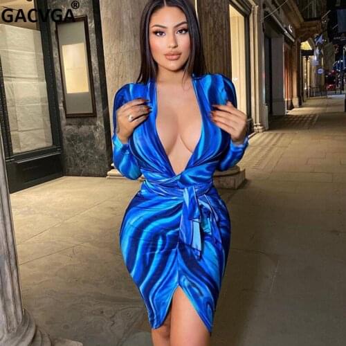 GACVGA Printed V Neck Women Bodycon Dress With Belt Club Party Long Sleeve Mini Dress Holiday 2021 Spring Autumn Streetwear