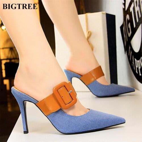 2021 Belt Buckle Womens Slippers Summer Casual Denim Shallow High Heels Pumps Pointed Female Slides Fashion Woman Outside Shoes