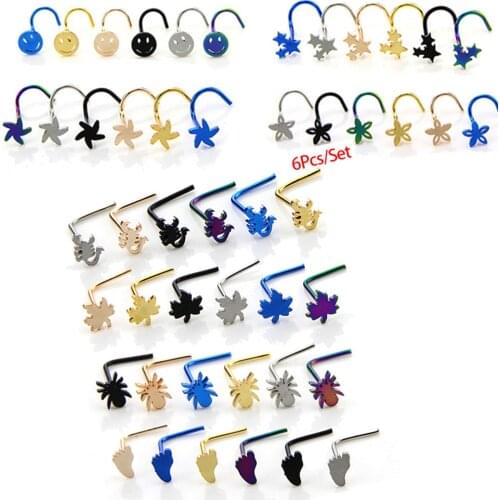 6Pcs/Set Colorful Flower Maple Leaf Foot Spider Shape Surgical Steel Nose Studs Screw Ring Bone Bar Pin Piercing Jewelry