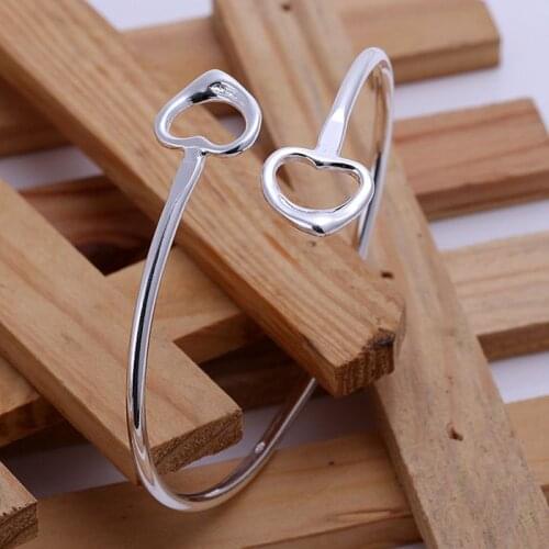 B077 silver fashion jewelry 925 jewelry silver plated bangle bracelet Double Heart Bangle /GXRZQBXP EAXXESCB