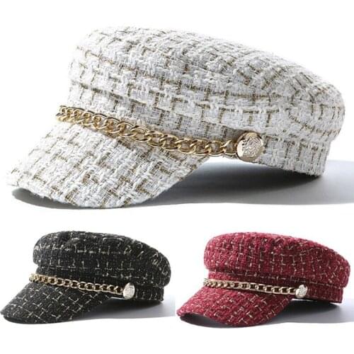 Adjustable Womens Buckle Plaid Tweed Chain Hats Newsboy Baker Cap Beret Hat