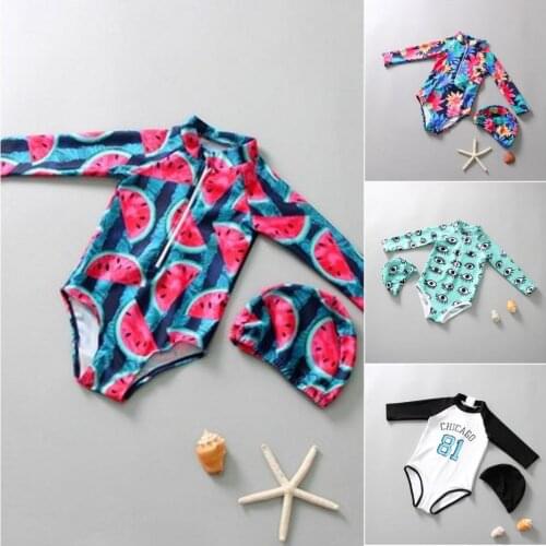 Cute Baby Girls Swimwear Swimsuit One Piece Body Suit Long Sleeve Beach New Summer Unicorn eyes Watermelon Beach Korea Style