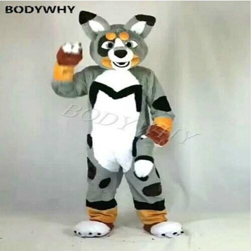 Luxury Gray Long Fur Husky Fox Dog Fursuit Mascot Costume Cosplay Dress Party Furry Carnival Halloween Xmas Easter Ad Clothes