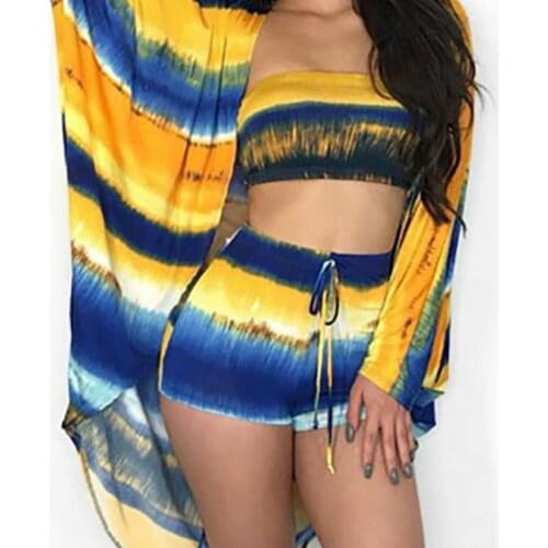 Turquoise Swimsuit Changes Color Woman European and American Printed Bikini Swimsuit Beach Cloak Threepiece Suitstrapless Biki