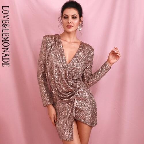 LOVE&LEMONADE Sexy Beown Deep V-neck Draped Elastic Sequin Cross Bodycon Long Sleeve Party Mini Dress LM82186 LM82186