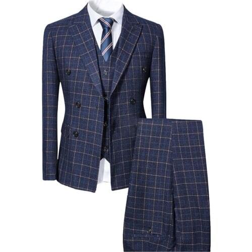 Fashion men Business long sleeves high quality lattice Slim Buckle Man Autumn Suits coat 3 pieces suit XS-5XL custom