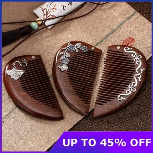 Real Thai Silver Flowers Ginkgo Vines Hair Jewelry 925 Silver Hair Combs Nature Wood Sandalwood Combs Health Care Jewel