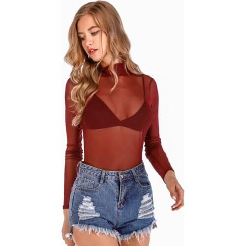 Long Sleeve High Neck Skinny Bodysuit 2019 Spring New Women Black Red Solid Sexy Body Suit Transparent Mesh Nightclub Wear Tops