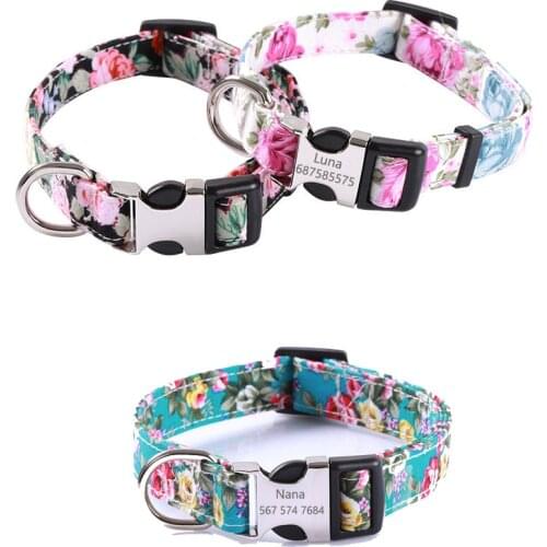 Dog Collar Personalised Custom ID Tag Name Dog Puppy Nameplate ID Collars for Small Medium Large Dog Collar Cotton Luxury Floral