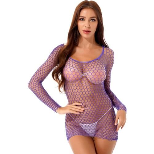 Sexy Women See-through Hollow Out Fishnet Tops Transparent Mesh T-shirts Top Round Neck Long Sleeves Slim Fit T-shirt Clubwear