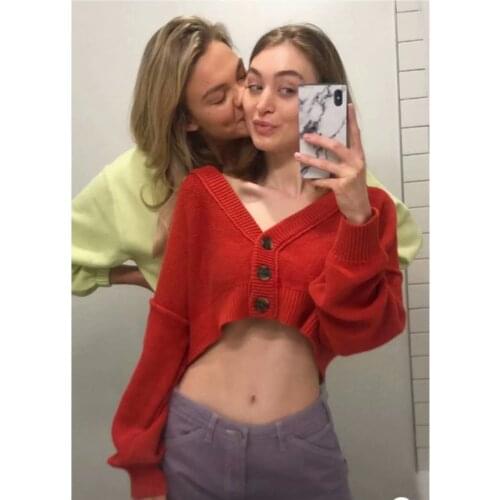 Spring Autumn V-neck Top Girls High Waist Short Loose Knitted Cardigan Women Long Sleeve Button Up Red Colorful Cute Sweaters