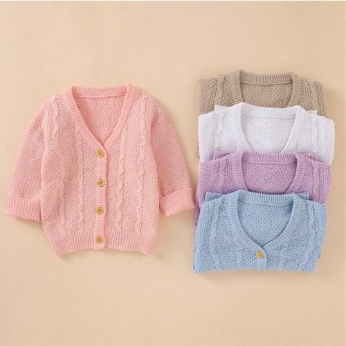 Baby Girl’s Solid Color Knitted Cardigan Long Sleeve V-neck Single Breasted Warm Sweater Coat Toddler Clothes for Spring Autumn
