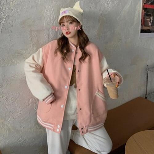 2021 Autumn New Bomber Jacket Women Harajuku Fashion Streetwear Clothing Single Breasted Baseball Pink Sweet Coat Casual Outwear