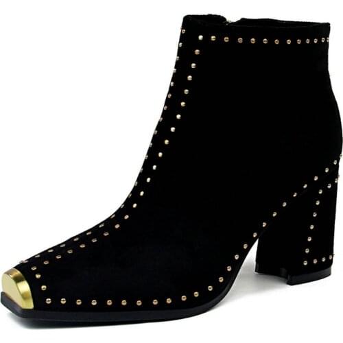 UMMEWALO Square Toe High Heels Ankle Length Riveted Boots Women Autumn Winter Metal Design Ladies Shoes Boots 6862