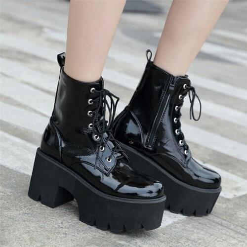 Patent Leather Chunky Heel Motorcycle Boots for Women Combat Ankle Boots Punk Style Female Platform Wedge Shoes Plus Size 35-43