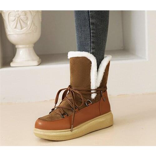 YMECHIC Winter 2021 Warm Plush Platform Boots Women Wedges Shoes Cross Strap Design Yellow Black Ankle Snow Boots for Women 43