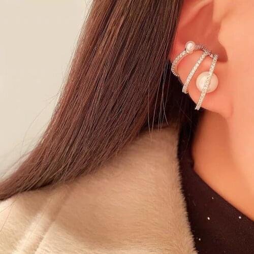 TIMEONLY Single Piece Elegant Bling Rhinestones Layered Clip Earrings for Women Oversize Simulated Pearl Statement Earrings