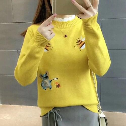 Spring New Fashion Women Embroidery Little Bee Knitted Sweater Tops Korean Loose Jumpers Ladies 5 Color Knitwear Pullover Female