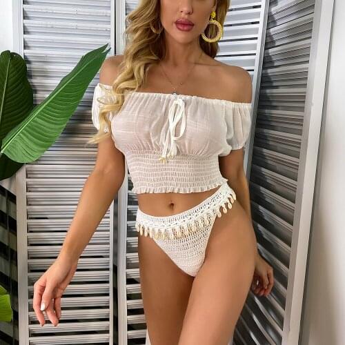 Women Crochet Two Piece Ruffled Bikini Cover Up Sexy Beach Wear Swimsuit Female Popular Swimwear Beachwear