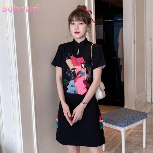 Plus Size M-4XL New Black Casual Party Loose Fashion Modern Cheongsam Dress Women Short Sleeve Qipao Traditional Chinese Clothes