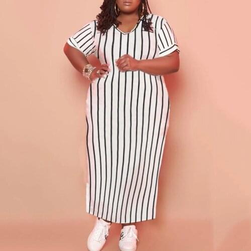 4XL 5XL Plus Size Striped Print Dress For Women V Neck Loose Fashion Ankle Length Causal High Street Vestidos Dress 2021 Summer