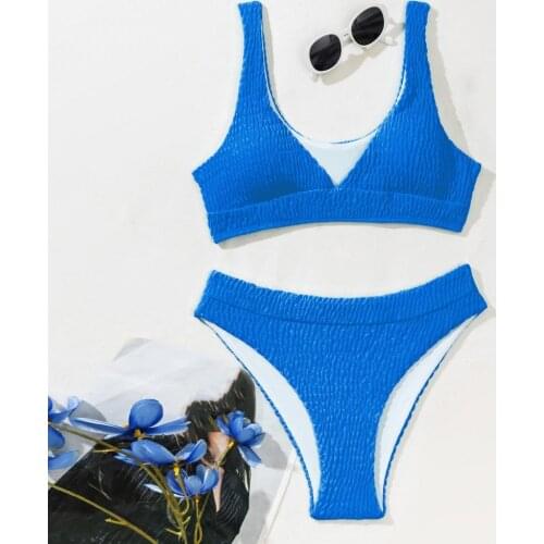 Summer high waist bikini solid color push up bikini pleated swimsuit two-piece bikini womens swimsuit sexy swimsuit beachwear