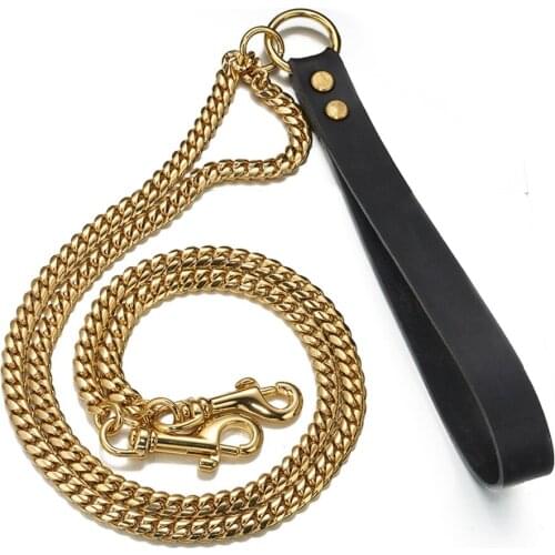 Large Gold Dog Leash,10mm Stainless Steel Strong Firm Dog Training Leashes Cuban Link Miami Chain Double Pet Leashes