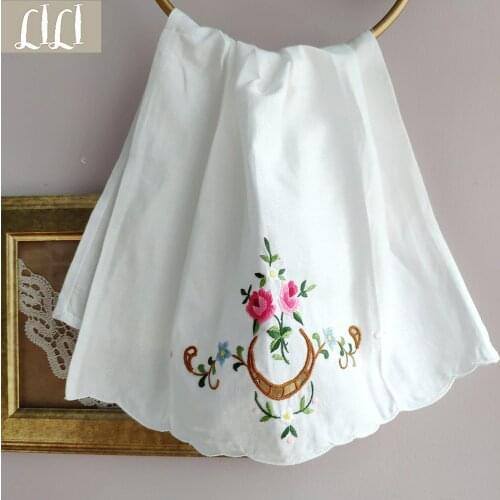 Color Hand Embroidery Pink Flowers Linen Cleaning Cloths Kitchen Bathroom Towels