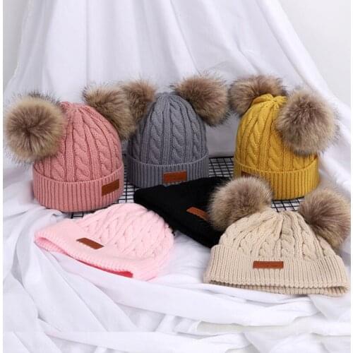 Baby Knitted Hat Autumn and Winter Fashion Cute Double Hair Ball Outdoor Warm Wool Hat Solid Color 0-5Years Winter Hat for Kids