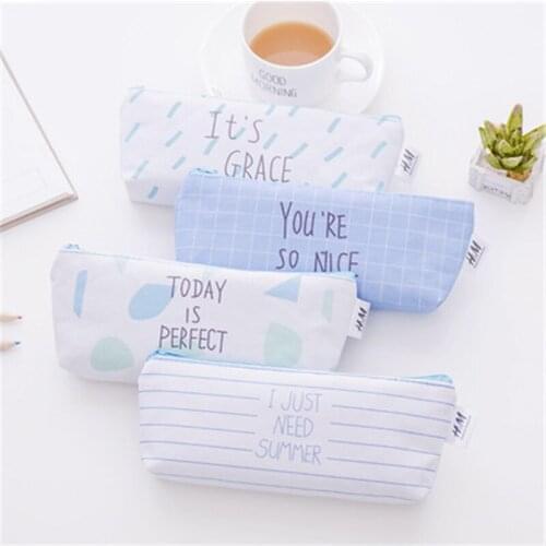 DL Primary and middle school students in Korea cute little island fresh blue canvas bag multifunctional large pencil bag station