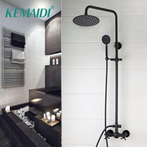KEMAIDI Black Wall Mount Rainfall 8 Inch Round Head Hand Spray 2 Functions adjustable Hand Bathroom Shower Faucet Set Mixer Taps