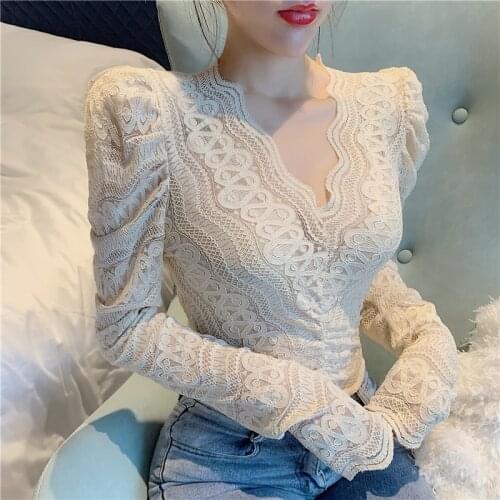 Lace blouse shirt womens spring 2021 new sexy v-neck flower crochet shirt all-match basic tops sexy women