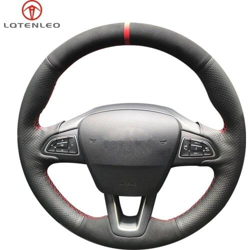 LQTENLEO Black Genuine Leather Suede Car Steering Wheel Cover For Ford Focus 3 2014-2018 Kuga Escape C-MAX Ecosport 2015-2019