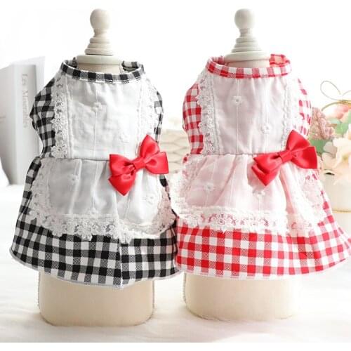 Lovely Pet Dog Red Black Lattice Skirts 100%Cotton Lace Bow-knot Pet Clothes Puppy Dogs Dresses Costumes Outfits Chihuahua Teddy