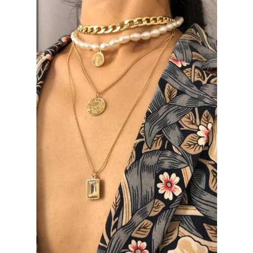 Hip Hop Multilayer Necklace Portrait Lock Set Chain Pearl Necklace Thick Metal Chunky Chain Of Neck цепочка на шею женская