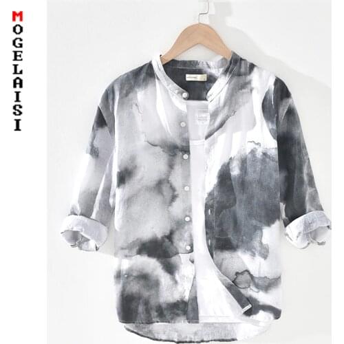 Fashion Printed shirt men New 2021 spring linen Three quarter shrit thin Breathable flax man tops high quality clothing 1815