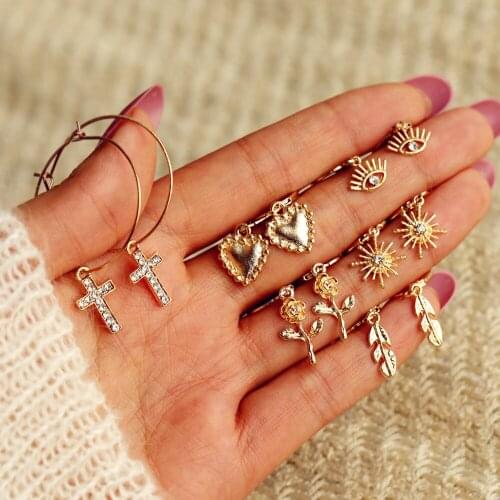 2020 New Fashion Crystal Eye Leaf Cross Earring Set For Women Petite Golden Love Flower Pendant Charm Earring Jewelry Gift