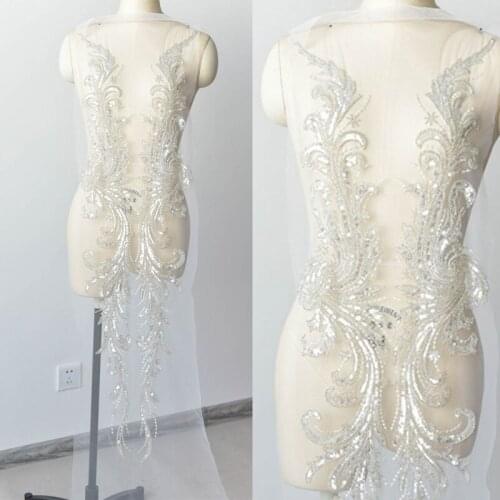 New Luxury European and American Wedding Sequin Silver Beads Lace Fabric Applique Lace Positioning Flowers V2579