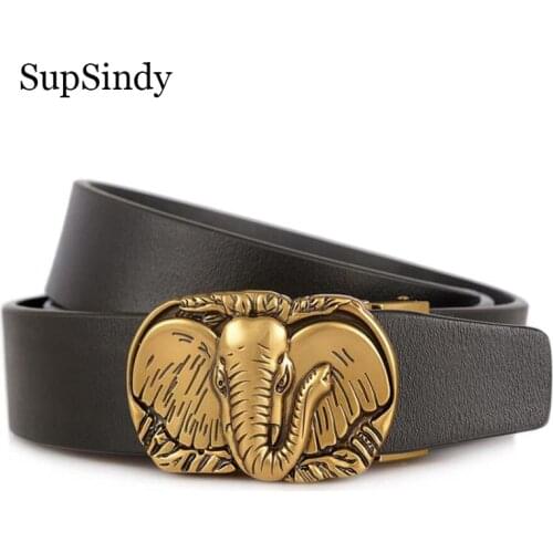 SupSindy Men Leather Belt Punk Elephant Metal Automatic Buckle Black Genuine Leather Belts for Men Cowhide Waistband male strap
